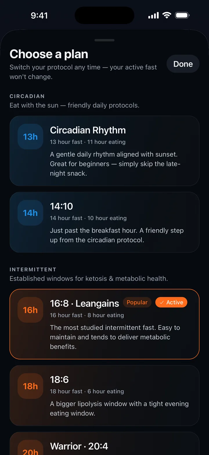 Fasting Well plans screen — built-in fasting schedules and custom protocols