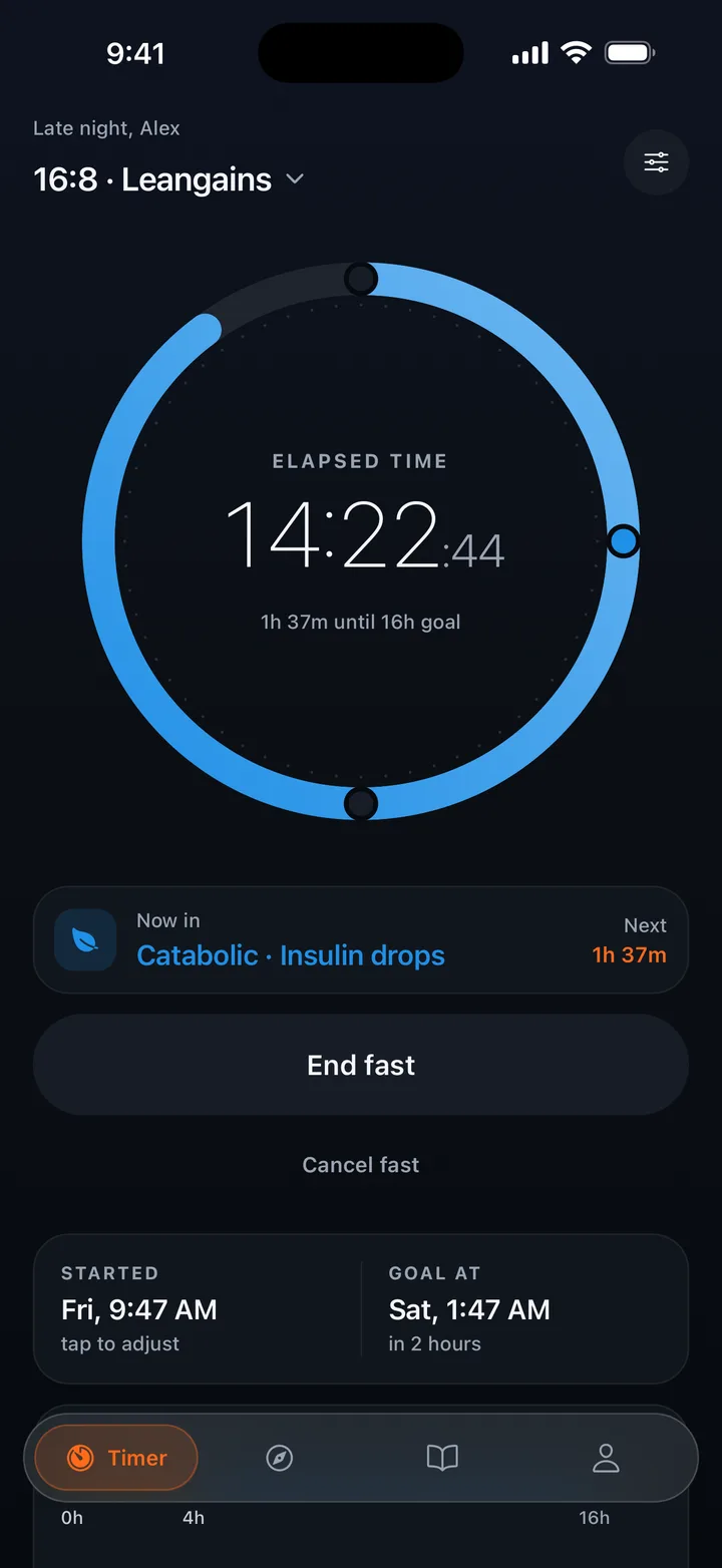 Fasting Well timer screen — a stage-aware progress ring partway through a fast